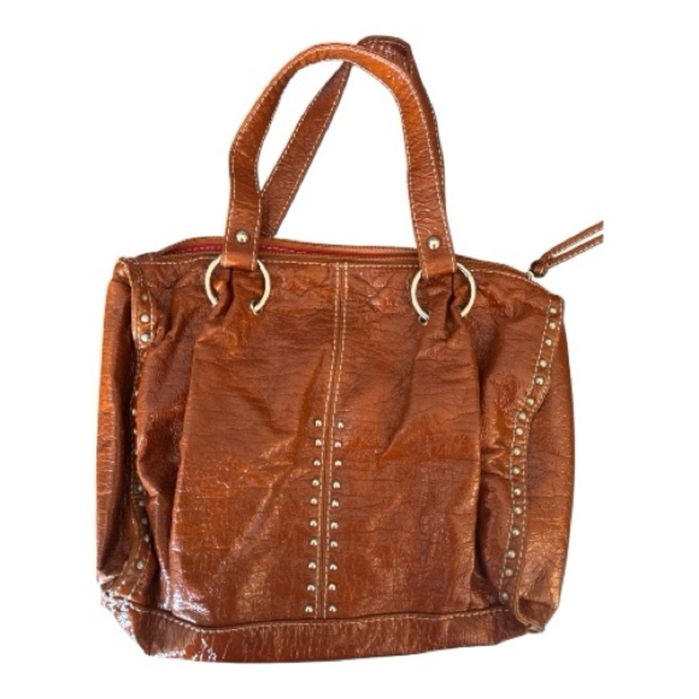 Cognac Brown/Distressed Satchel | Studded Detail | Top Handle Handbag - Picture 6 of 6